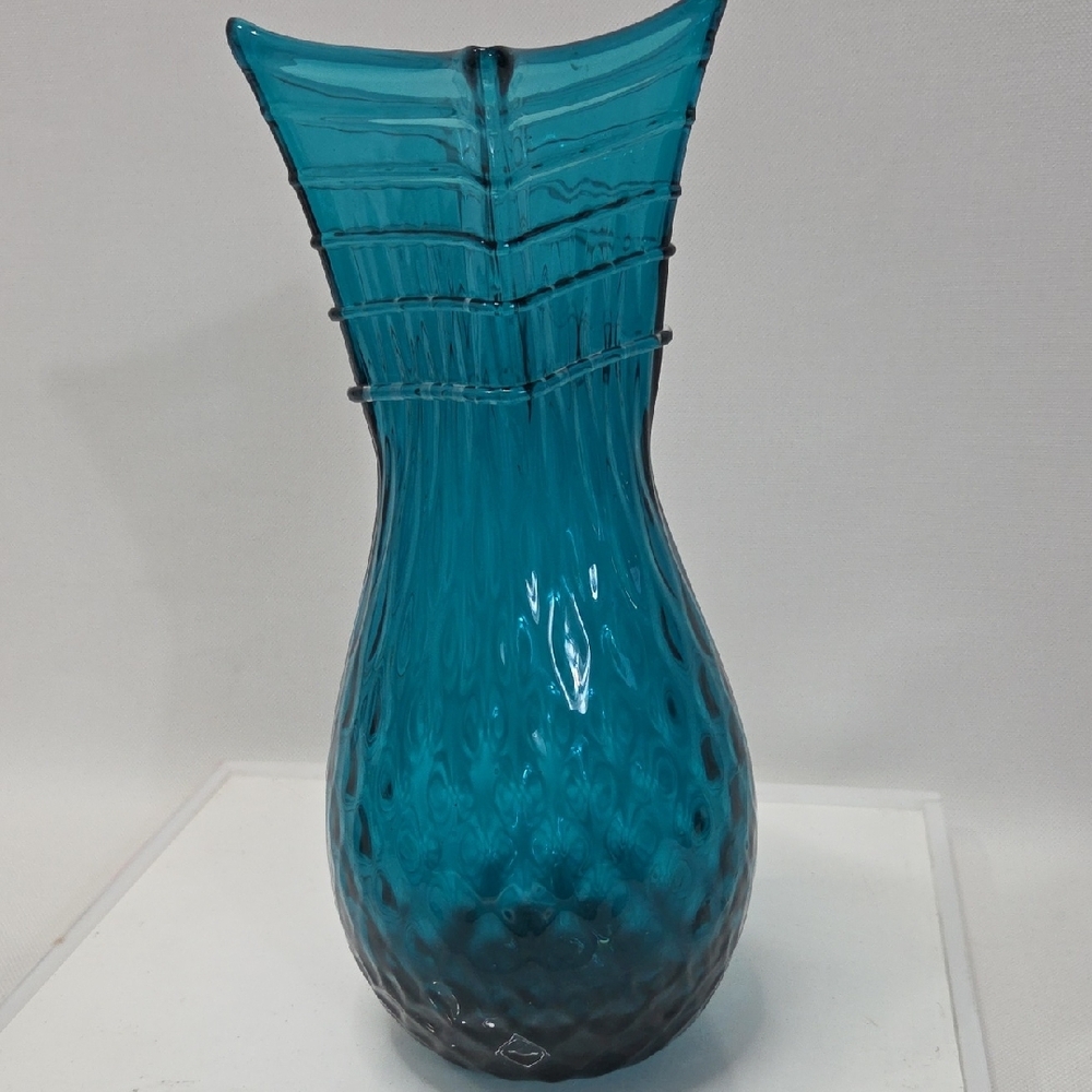 Blenko 1110 Optic Vase Seabreeze Blue 10.5" Applied Clear Swirl - Picture 4 of 7